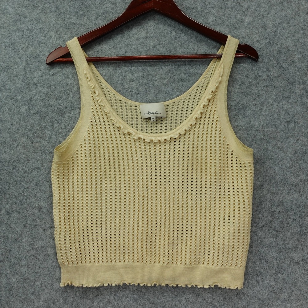 3.1 Phillip Lim Wool Pointelle Mesh Crop Tank Top M Cream Coquette Ruffle $395